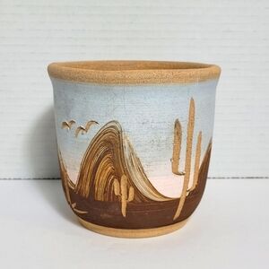 Clay Pottery Handmade Southwestern Scene Flower Pot Planter Signed Gordon